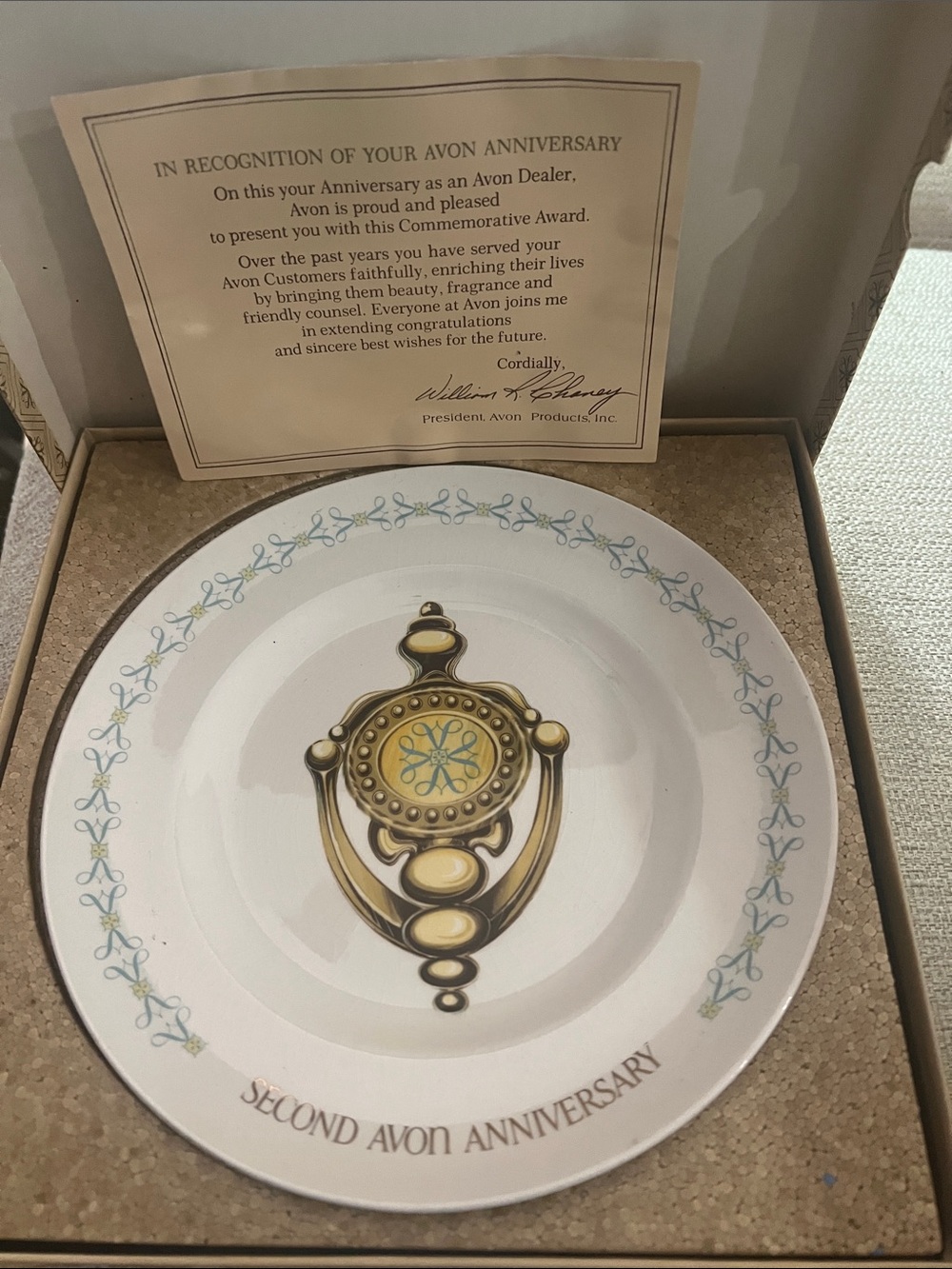 Avon White Decorative Anniversary Plate with Gold Door-Knocker Motif